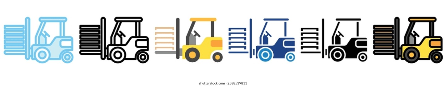 Forklift multi style, mini illustration icon. outline, flat, glyph, line color, UI, UX, app and web, digital or print. related to heavy machinery, industry, road construction theme