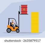 forklift operator lifts a red oil barrel next to a stack of yellow bars, symbolizing industrial logistics, energy, and supply chain management