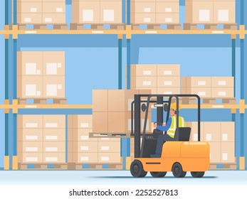 Forklift operator is placing goods on a stacker in a warehouse. Vector illustration in flat style