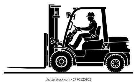 Forklift operator in silhouette driving construction machinery vehicle in the warehouse to transport heavy products Commercial usage for logistics