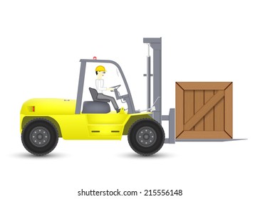 Forklift and operator or worker vector illustration design isolated on white background. May called lift truck. Machine equipment for storage, port, warehouse and factory. Include wooden crate box.