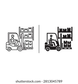 Forklift operators working in warehouse with shelving units and boxes