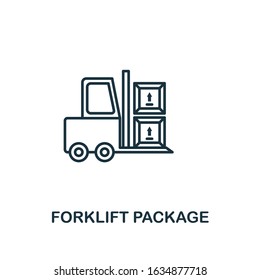 Forklift Package line icon. Thin design style from logistics delivery icon collection. Simple forklift package icon for infographics and templates.