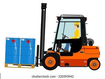 Forklift with a pallet of barrels. Vector without gradients on one layer. 