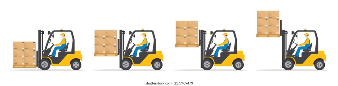 Forklift With Pallet. Orange Fork Lift With Man Driver In Warehouse. Icon Of Truck With Worker. Cartoon Illustration In Flat Style. Set Of Machine With High And Low Lifts. Vector.