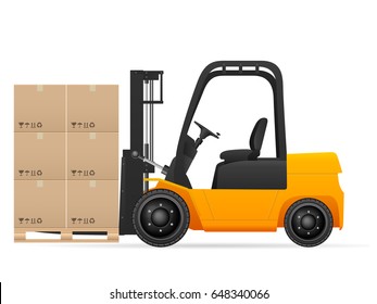 Forklift with pasteboard boxes on a white background.