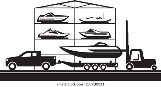 Forklift And Pickup Moving A Boat From Dry Dock Storage – Vector Illustration