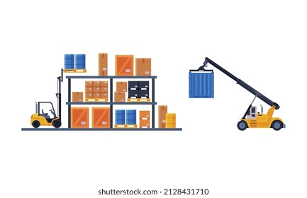 Forklift Putting Cardboard Boxes on Rack as Warehouse Area for Goods Storage and Logistics Vector Set