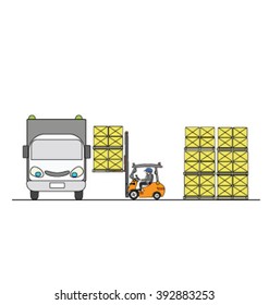 Forklift is putting cargo from warehouse to truck outdoors