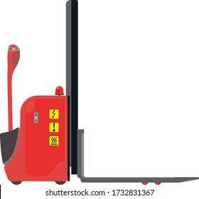 Forklift in realistic style. side view. Hydraulic machinery 3d image. Industrial isolated drawing of red loader. Electric vehicle. Vector illustration