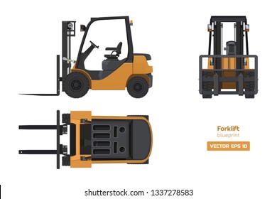 Forklift in realistic style. Top, side and front view. Hydraulic machinery 3d image. Industrial isolated drawing of orange loader. Diesel vehicle blueprint. Vector illustration