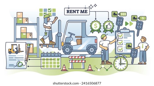 Forklift rental service and warehouse heavy equipment rent outline concept. Company with machinery showroom for renting, selling and lease vector illustration. Cargo loading machine rent agreement.