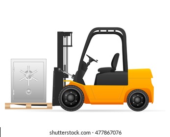 Forklift with safe on a white background.