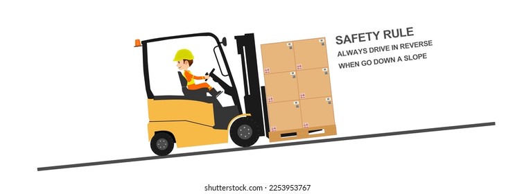 forklift safety reverse driving down slope, vector illustration