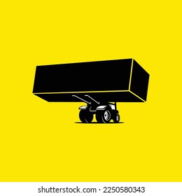 
forklift is a self-propelled machine for hoisting and transporting heavy objects by means of steel fingers inserted under the load. Shipping business, distribution company logo.