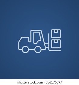 Forklift shipping boxes line icon for web, mobile and infographics. Vector light blue icon isolated on blue background.