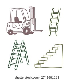 A forklift is shown in the top left corner of the image. A ladder is shown in the bottom left corner