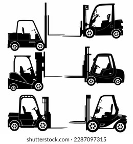 Forklift silhouette set. Heavy construction machine, logo, icon