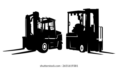 Conjunto de Vector de ilustración en blanco y negro con vista lateral y diagonal de silueta de carretilla elevadora