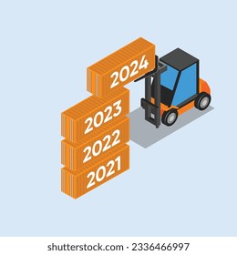 Forklift stacks 2024 new year numbers on top of 2021 to 2023 containers isometric 3d vector illustration concept for banner, website, illustration, landing page, flyer, etc