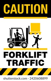 Forklift traffic caution sign - loader machine silhouette and running customer in dangerous situation