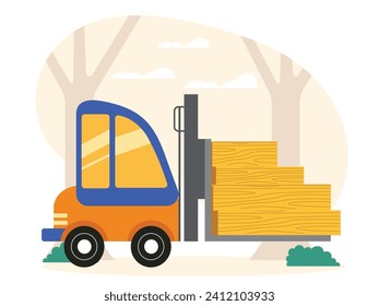 Forklift transporting lumber from warehouse, working in industry with trees and grass. Design character. Vector flat illustration