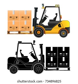 Forklift truck with boxes on wooded pallet, in flat style. Loader silhouette. Vector illustration, isolated on white