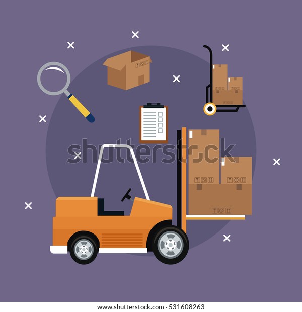 forklift truck cardboard boxes icons delivery\
concept purple\
background