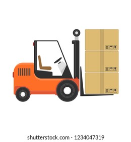 Forklift truck with cardboard boxes isolated on white background. Loader with cargo. Industry cargo equipment, fork lift and delivery, shipping concept. Vector illustration in flat style. EPS 10.