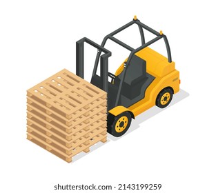 Forklift truck with cargo. Machines for transporting objects from car to warehouse. Vehicle, loader. Pallets for goods, logistics. Storage equipment icon. Cartoon isometric vector illustration