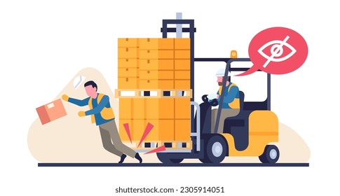 Forklift truck with cargo in warehouse hits man. Unseen workman. Driver injures invisible loader. Cardboard boxes on pallet. Freight transportation. Industrial accident