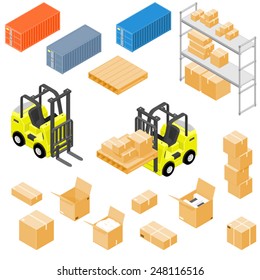 Forklift truck with containers and wooden pallets. Isometric warehouse Icons. Forklift Warehouse Icon Set.