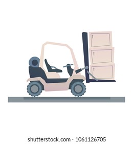 Forklift truck with crates isolated on white background. Vector illustration in cartoon style