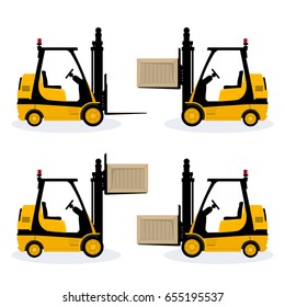 Forklift Truck with Different Cargo Positions, Vehicle Forklift Picks up a Box, Cargo Below in the Middle and Above and Without , Vector Illustration 