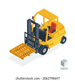 A forklift truck with an empty pallet. 3d isometric vector illustration in a flat style, isolated on a white background.