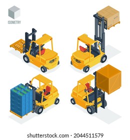 Forklift truck: with empty pallet, with cartons, with boxes of bottles, with plywood container. Set of four isometric views. 3d vector illustration in flat style isolated on a white background.  