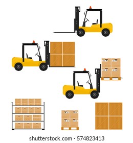 Forklift truck in flat style. Carton and wooden box. Packing and transportation. Delivery service. Work. The rack with the goods. Isolated on white background. Vector illustration.