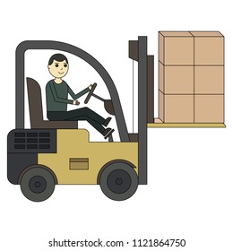 Forklift truck. Fork loader, pallet with stacked boxes isolated on white background