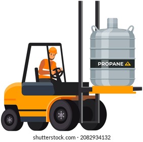 Forklift truck with gas cylinder, fuel canister. Man works with delivery of flammable substance, transportation of propane. Employee drives freight vehicle to lift load. Metal tank with compressed gas