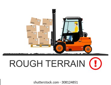 Forklift truck hazards. Rough terrain. Vector.