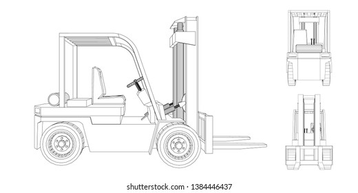 Forklift truck. Isolated on white background. Vector outline illustration. Different viewes.