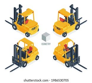 Forklift truck. Isometric 3d vector illustration in flat style isolated on a white background. Set of four isometric views. 