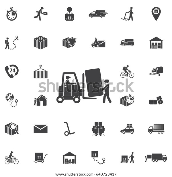 forklift\
truck load with box. Set of Post delivery\
icons