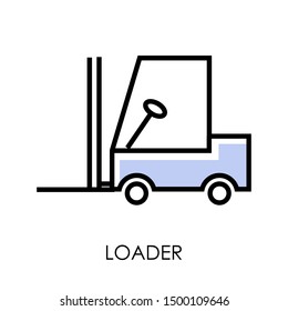 Forklift truck or loader, delivery service warehouse equipment isolated icon vector. Hydraulic machinery, vehicle or industrial transport. Parcels moving and stacking machine, transportation