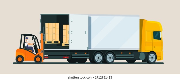 Forklift truck loading. Vector flat style illustration.