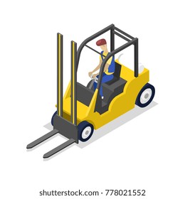Forklift truck. Man operator driving warehouse forklift truck vector illustration. Isometric icon isolated on white background
