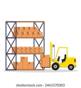 forklift truck moving boxes to shelves in warehouse.storage,sorting.flat style vector illustration