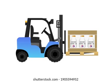 Forklift truck with pallet and box vaccine Covid 19. Cargo delivery, shipping, transportation. Without people. Stock flat vector illustration on white isolated background.