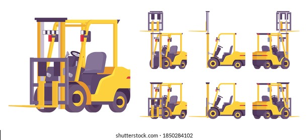 Camión elevador de horquilla, vehículo profesional, pallet para levantar, cargando cargas pesadas. Transporte comercial para cargar, descargar carga en logística de almacén. Ilustración de dibujos animados de estilo plano vectorial, diferentes vistas