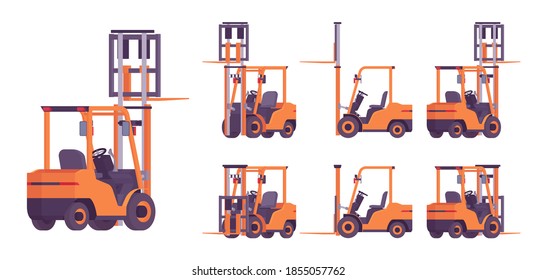 Forklift truck, professional vehicle, pallet for lifting, carrying heavy loads. Business transport to load, unload cargo in warehouse logistics. Vector flat style cartoon illustration, different views